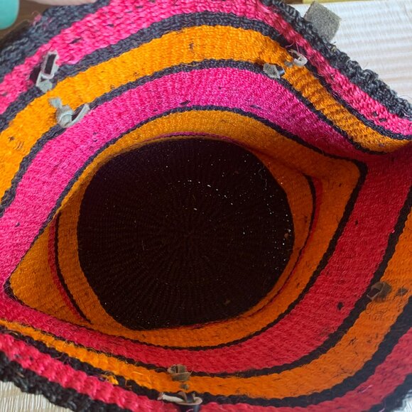 African Kiondo Kenya Sisal Straw Market Bag Leather Straps Orange Pink Black - Picture 5 of 5